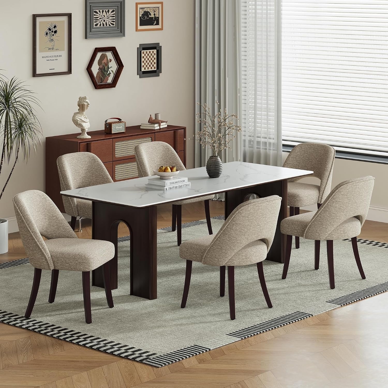 Ensemble de 6 chaises de repas kaki en tissu rembourre avec pieds en bois massif et dossier ergonomique incurve
