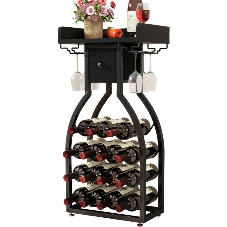 Support a bouteilles noir avec tiroir et capacite 15 bouteilles, rangement pratique pour collection de vin