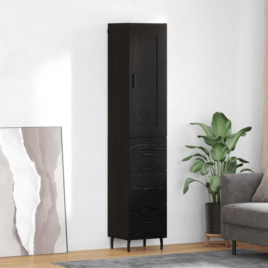 Meuble colonne noir chene 180 cm avec porte et tiroir, rangement contemporain pour cuisine salle a manger ou salon