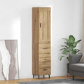 Colonne decorative en chene artisanal 34,5 x 34 x 180 cm avec porte et tiroir, meuble compact avec rangement optimise