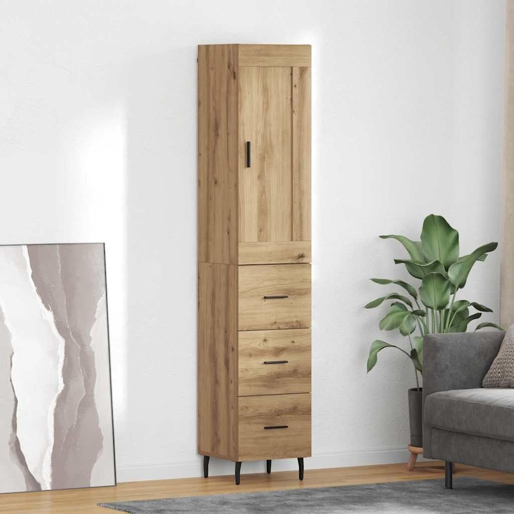 Colonne decorative en chene artisanal 34,5 x 34 x 180 cm avec porte et tiroir, meuble compact avec rangement optimise