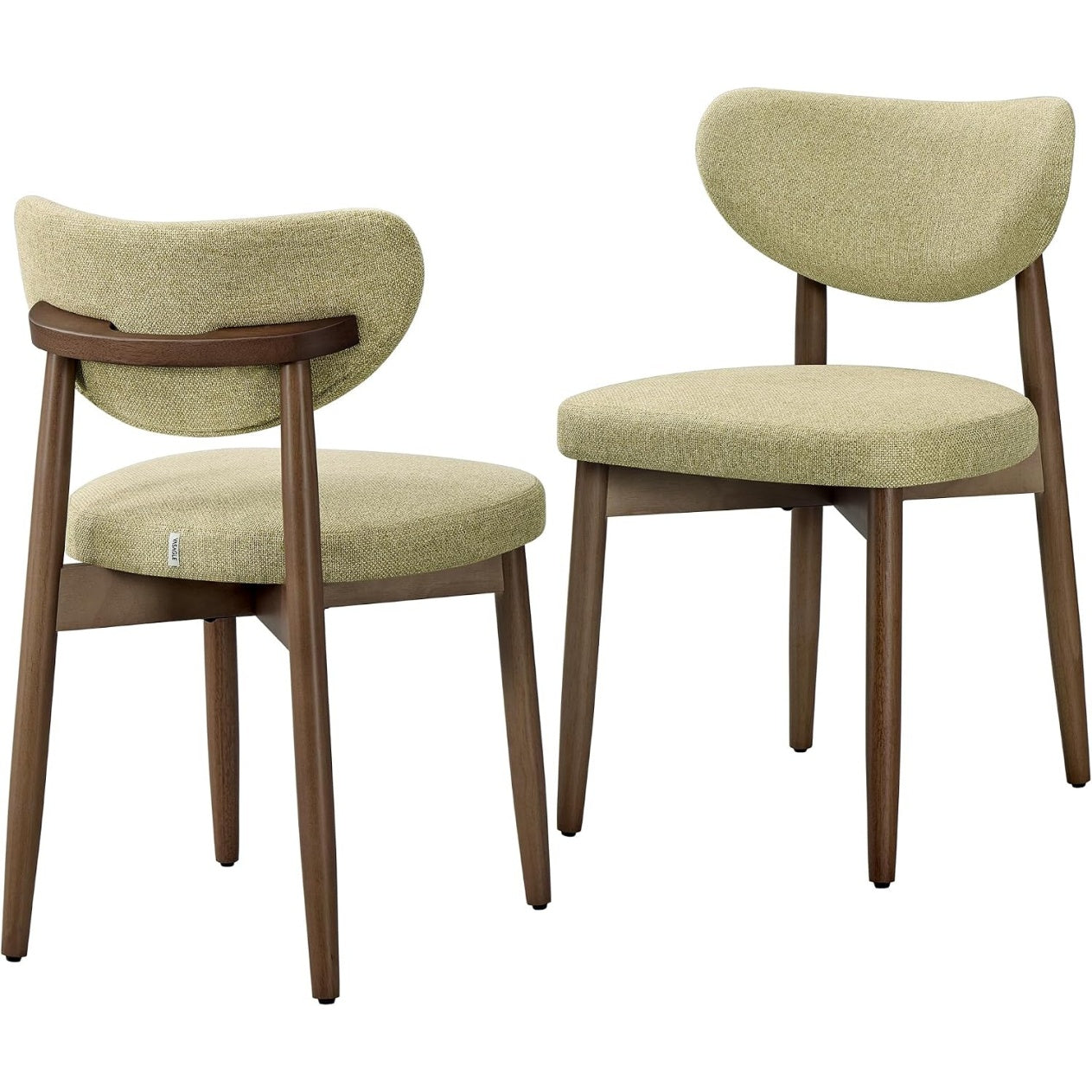 Deux chaises vert olive en tissu lin avec dossier courbe et pieds bois massif, style naturel chaleureux