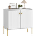 Meuble buffet blanc au design actuel avec portes cannelees, pieds metalliques et etagere ajustable pour organiser la cuisine