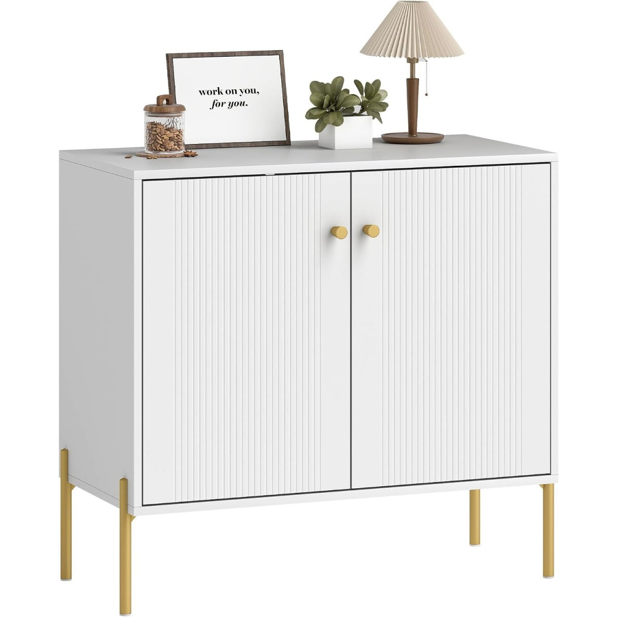 Meuble buffet blanc au design actuel avec portes cannelees, pieds metalliques et etagere ajustable pour organiser la cuisine