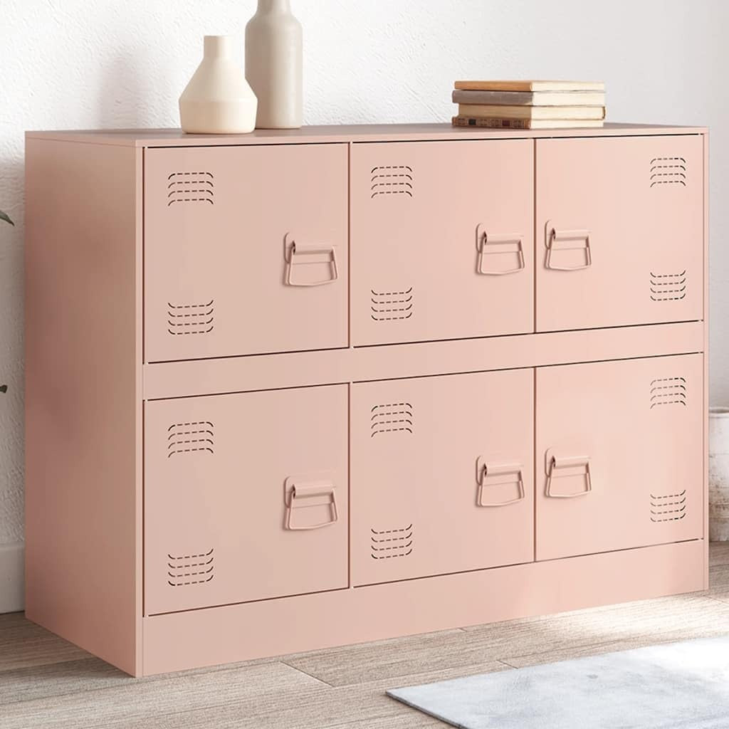 Bahut rose en acier lamine a froid 99 x 39 x 73 cm avec six portes et poignees integrees, mobilier spacieux pour maison