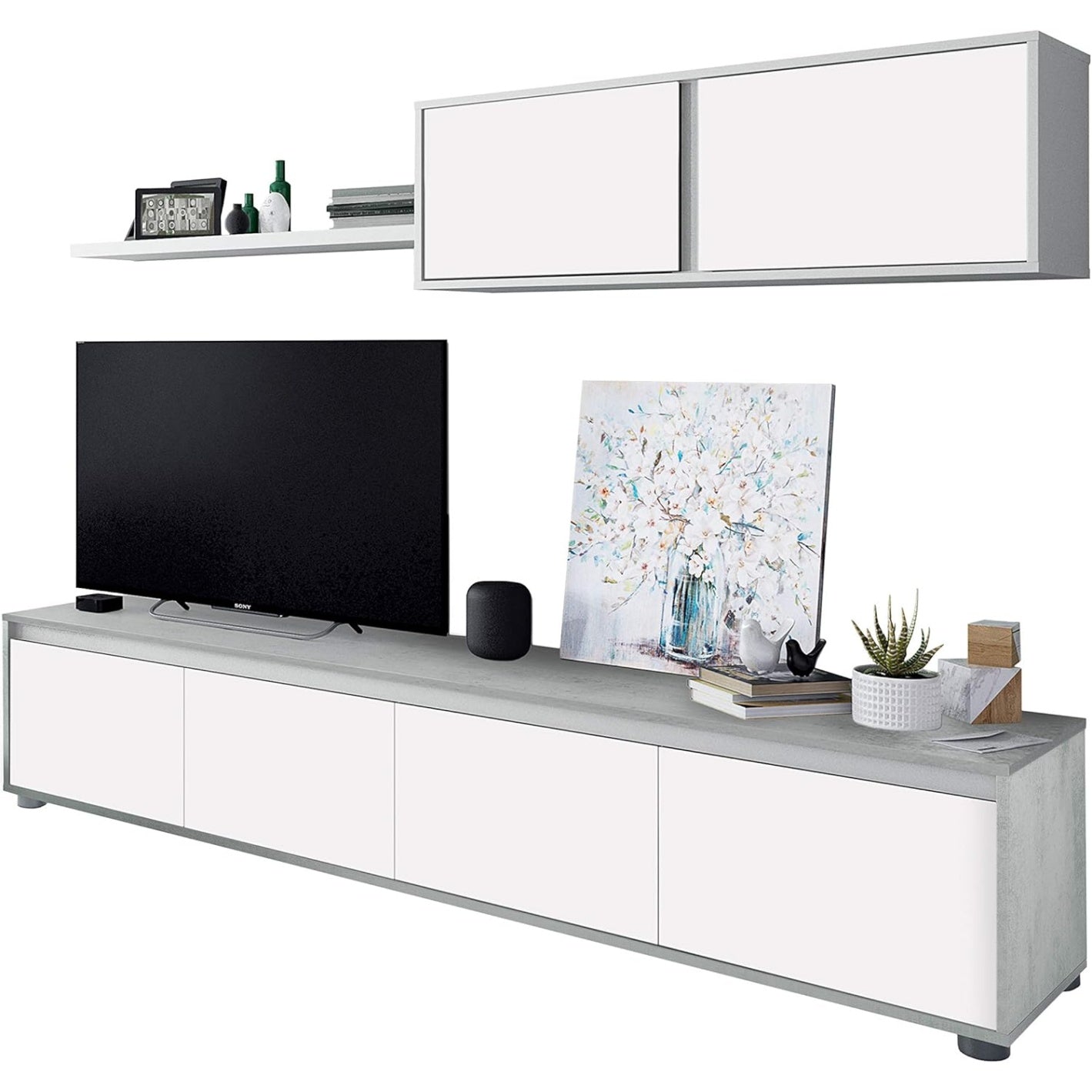 Composition de salon blanc et gris ciment avec modules pratiques, meuble moderne de rangement 200 x 43 x 41 cm