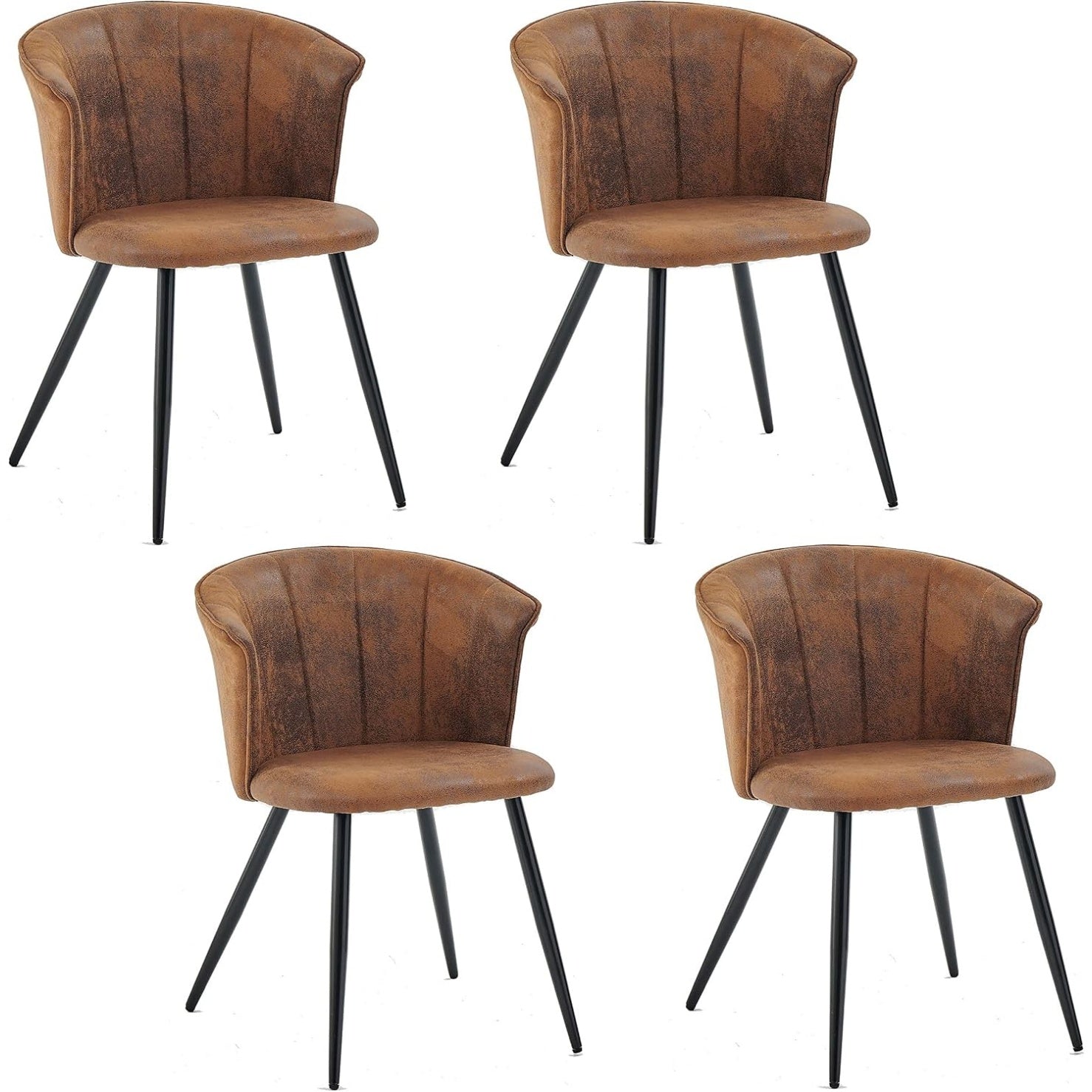 Quatre fauteuils retro marron avec dossier et siege rembourres en suidine, pieds metal et inspiration industrielle, 55 x 58 x 75,5 cm