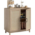 Buffet deux portes en rotin style boheme finition chene, meuble de rangement pour salon ou salle a manger, 76 x 35 x 75,5 cm