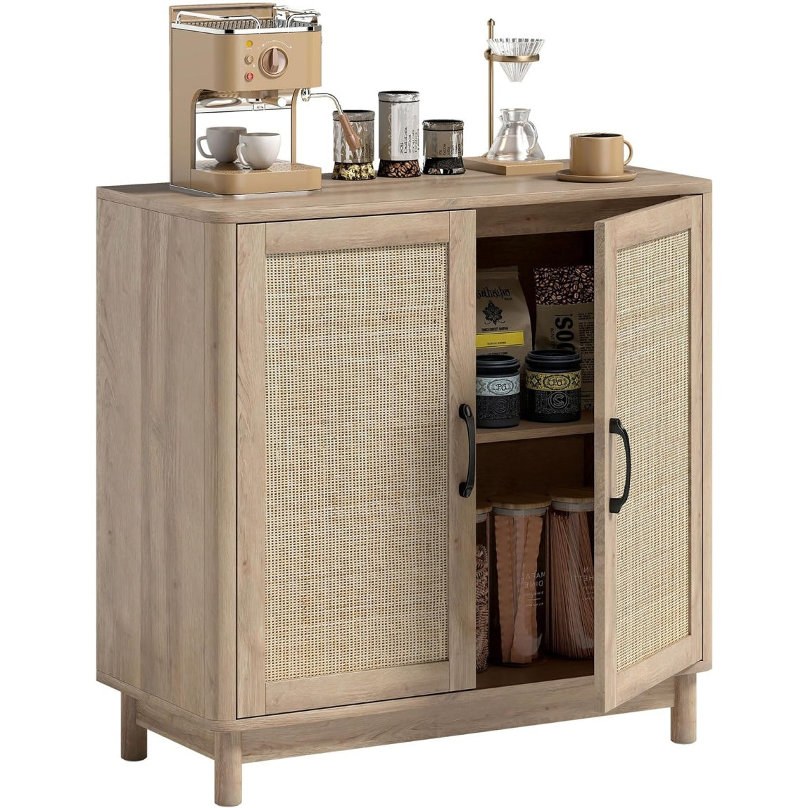Buffet deux portes en rotin style boheme finition chene, meuble de rangement pour salon ou salle a manger, 76 x 35 x 75,5 cm