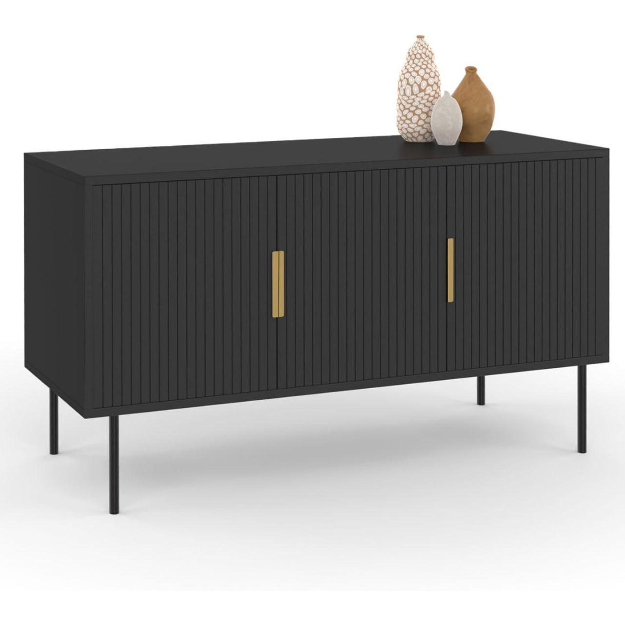 Buffet noir 110 cm avec facade effet lattes et trois portes, meuble contemporain pour un rangement discret