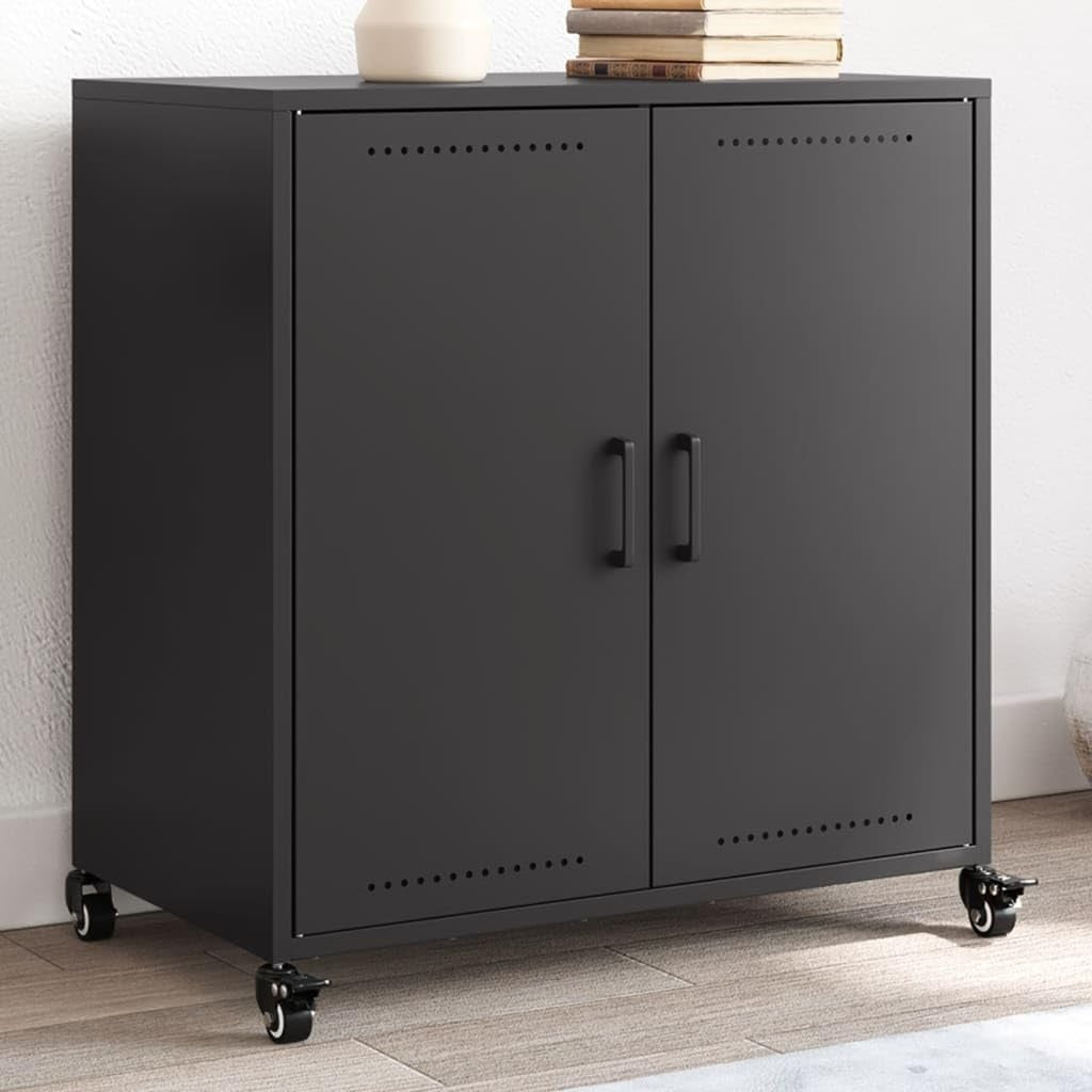 Buffet acier noir 68 cm avec deux portes et roulettes, rangement mobile pour cuisine salon ou salle a manger