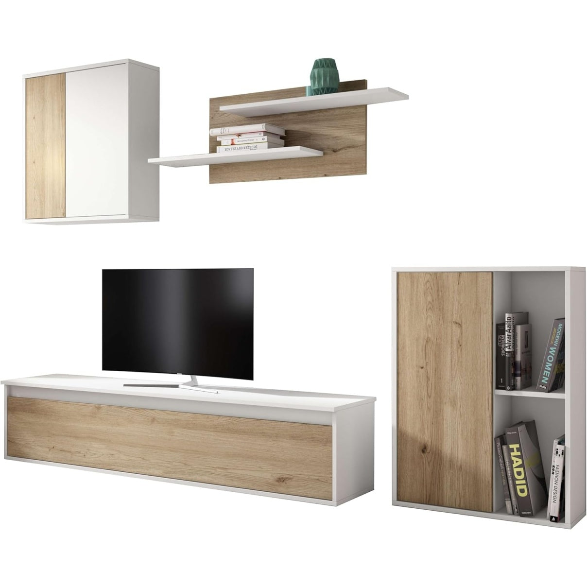 Composition murale de salle a manger trois modules blanc et bois naturel 180 x 220 x 38 cm, mobilier moderne avec etageres