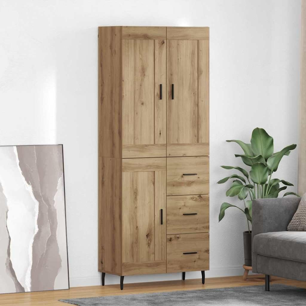 Duo de meubles hauts en chene artisanal 69,5 x 34 x 180 cm avec tiroirs, grande capacite pour salon cuisine et salle a manger