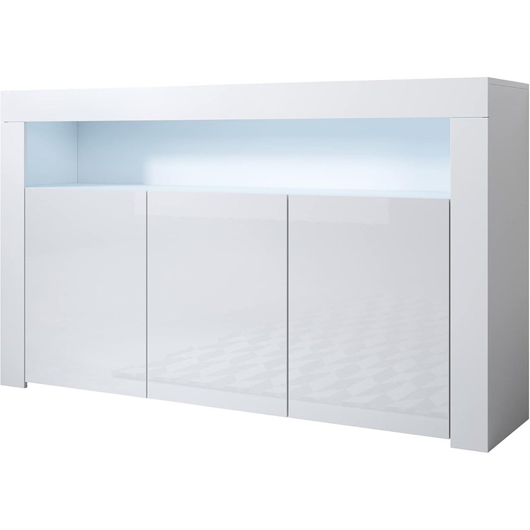Bahut moderne 155 x 91,5 x 37 cm avec eclairage LED, trois portes et finition blanc brillant pour salon contemporain