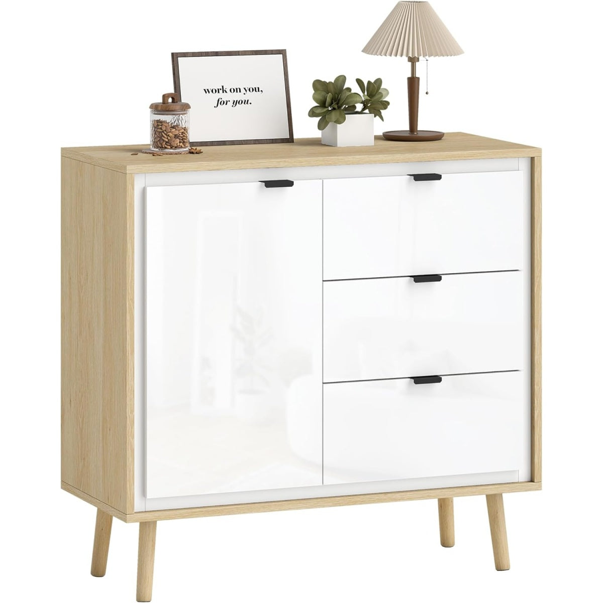 Meuble bas blanc avec trois tiroirs, deux placards et etagere reglable pour rangement polyvalent