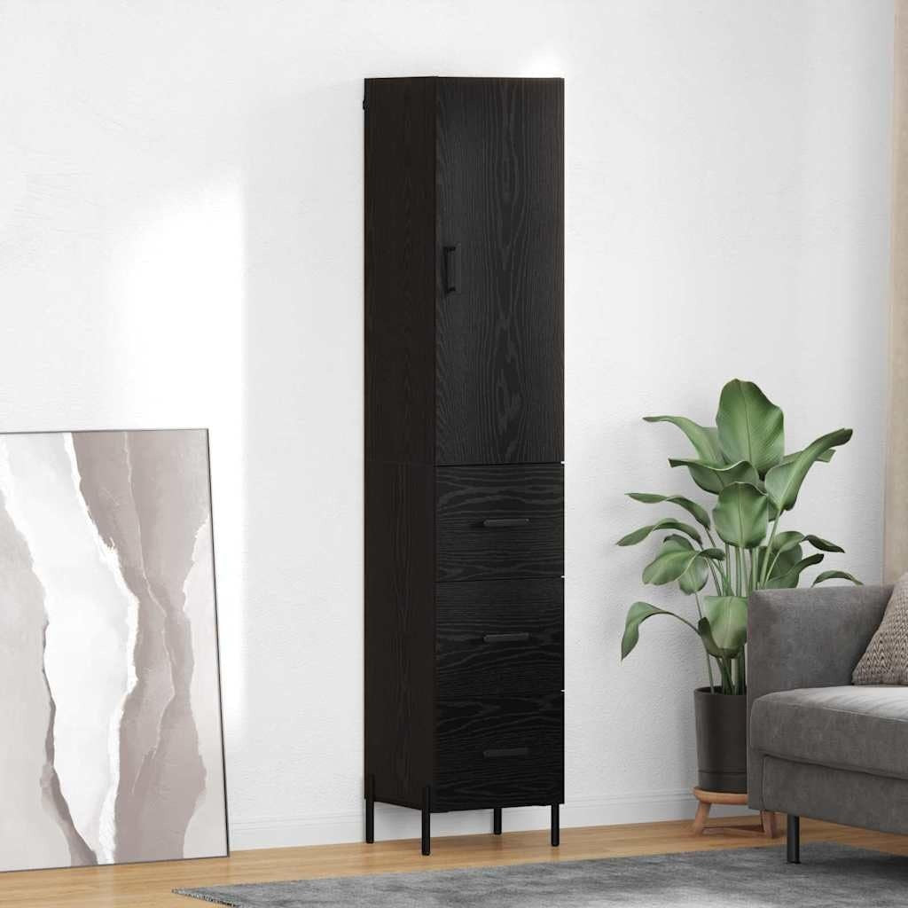 Colonne noire effet chene 180 cm avec pieds metal, meuble rangement moderne pour cuisine ou salle a manger