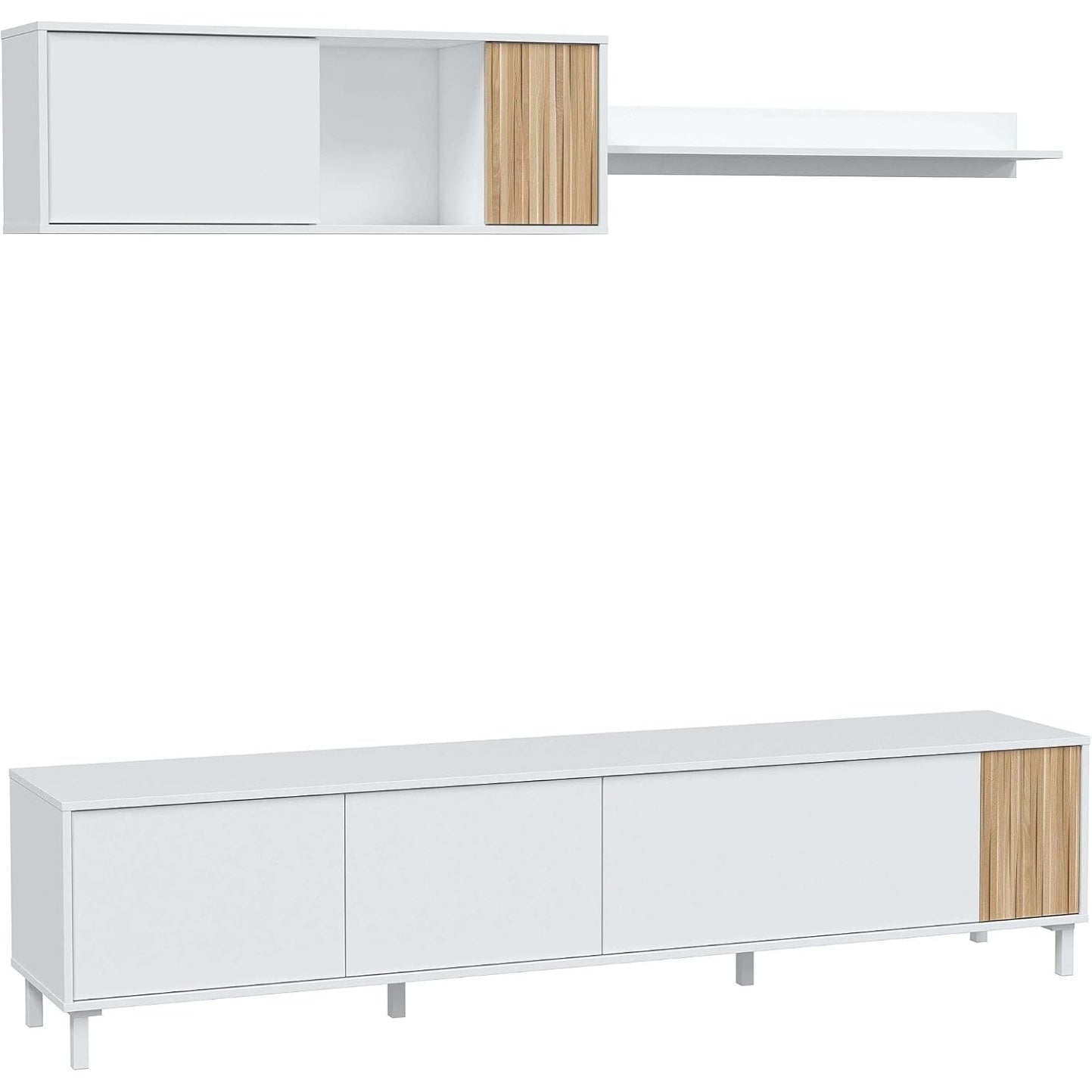 Meuble de salon contemporain blanc et bois naturel, rangement mural 200 x 40 cm au style moderne pour salle a manger