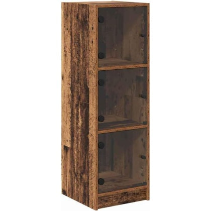 Highboard rustique bois ancien 109 cm avec trois portes en verre, meuble elegant pour salle a manger ou espace de vie