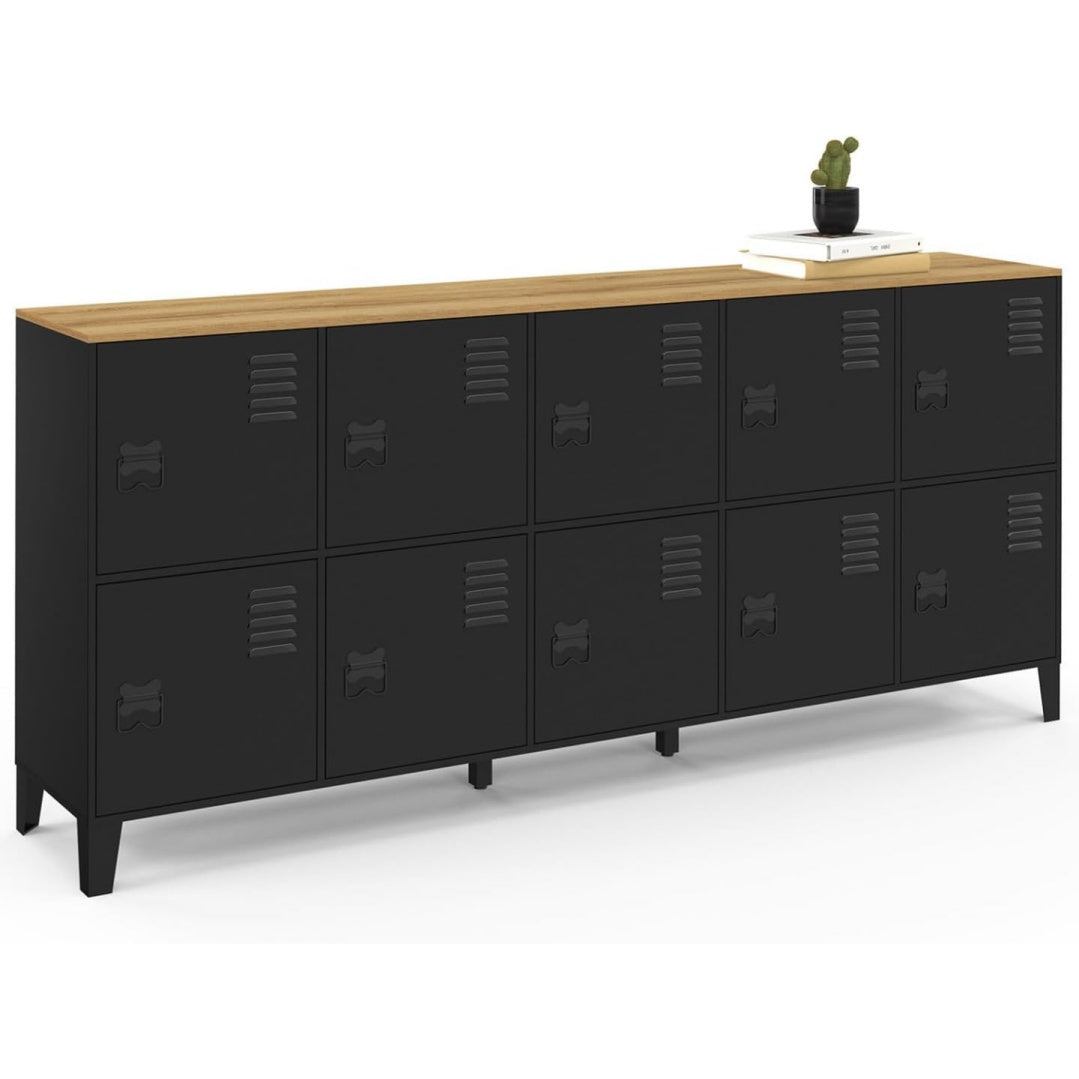 Vestiaire industriel Ester 180 cm avec dix cases metalliques et plateau bois, ideal pour salon bureau ou atelier