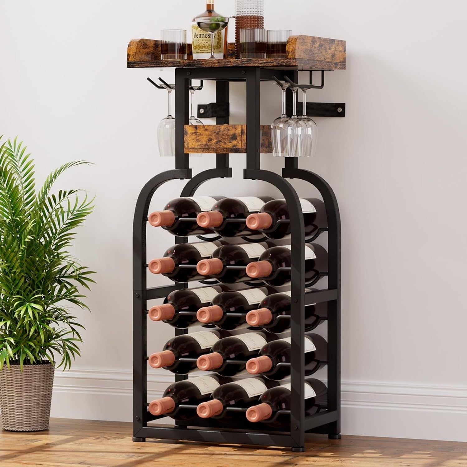 Support bouteilles vertical 15 bouteilles avec porte-verres integre, decoration pratique pour bar ou cuisine
